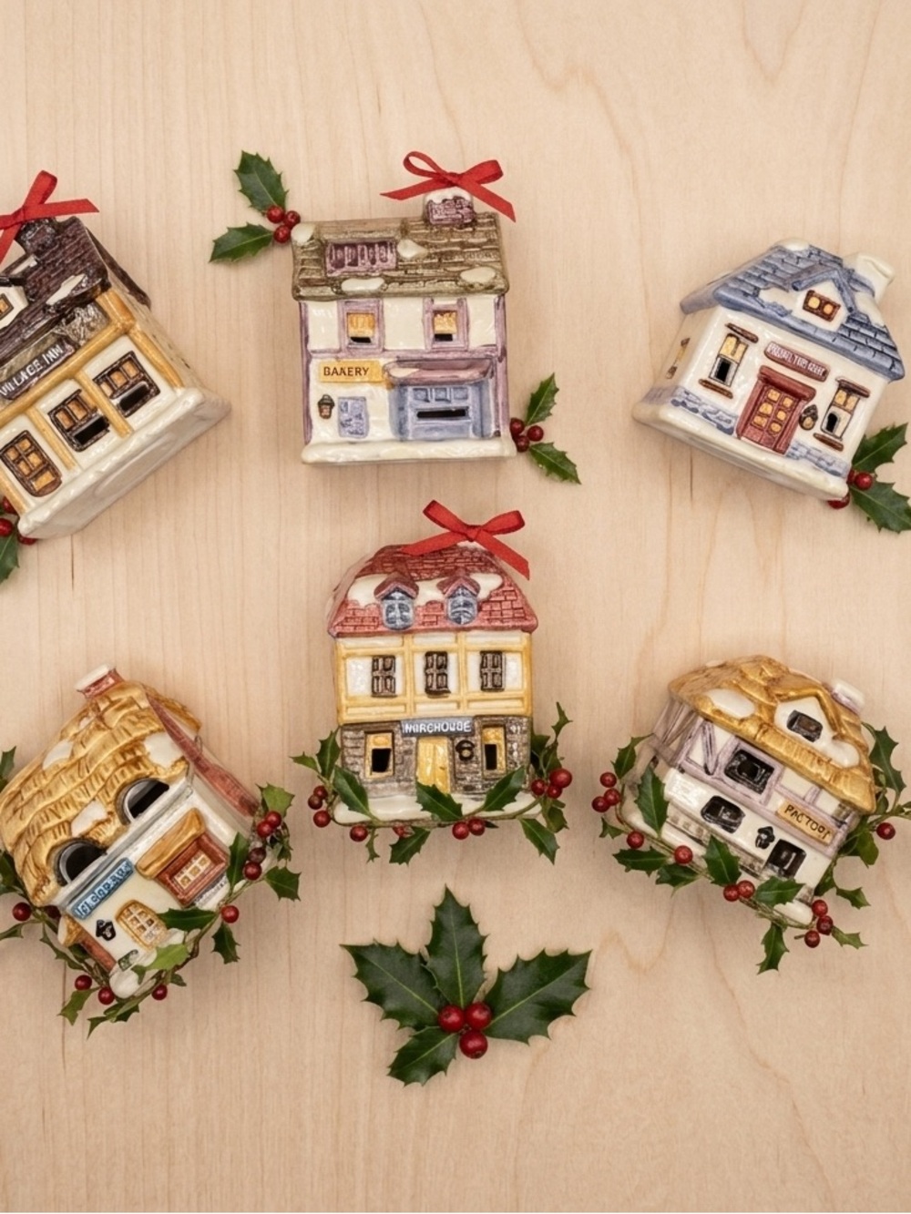 Vintage JSNY Dickens Village Set of Six Ceramic Christmas Tea Light Houses 1980s